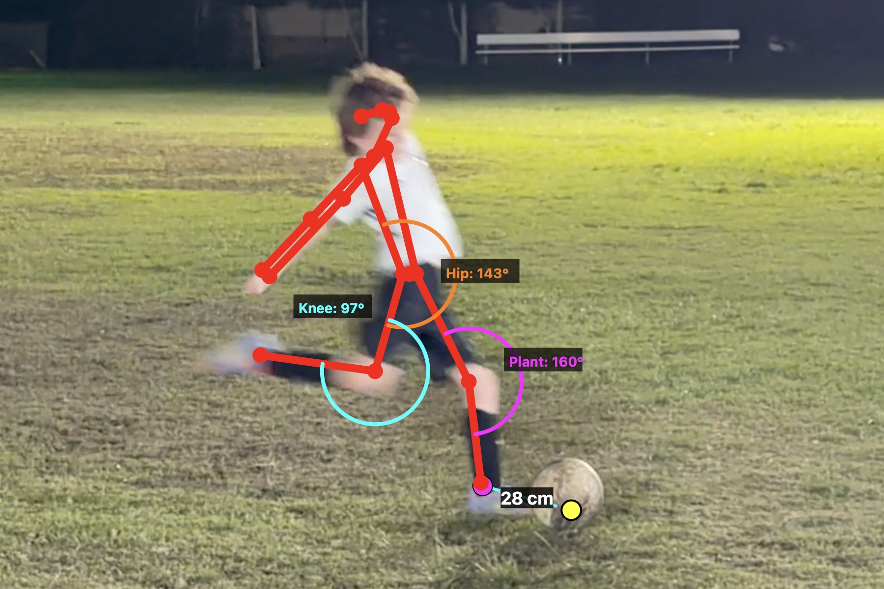 KickCheck pose analysis showing biomechanical measurements